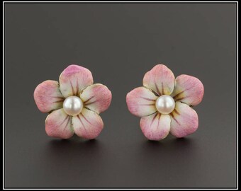 Vintage Pink Flower Earrings | 14k Gold & Enamel Flower Earrings | 14k Gold Flower Earrings | 14k Gold Earrings | Vintage Earrings
