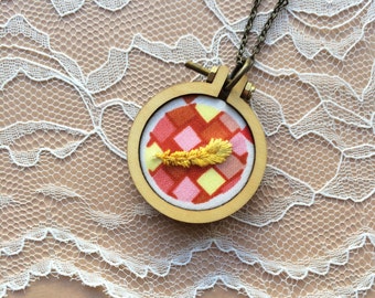 Mod Inspired Feather Necklace, Mini Embroidery Hoop Jewelry, Mini Hoop Pendant, Gifts Under 50, Gifts For Her