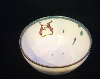 Porridge bowl with boxing hares ceramic pottery stoneware