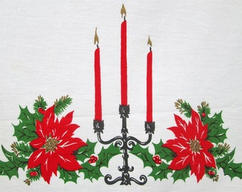 Vintage Christmas Tablecloth Table Cloth Mid Century Table Linens Fairfield Holiday Candles Poinsettia Red Green Mint Unused Vintage Linens