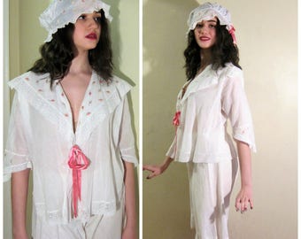 Vintage 1910s Bed Jacket and Embroidered Cap in White and Pink/ Antique Edwardian Boudoir Set / Large / Halloween Costume