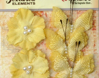 Petaloo Textured Elements Burlap Butterflies and Blooms in Yellow