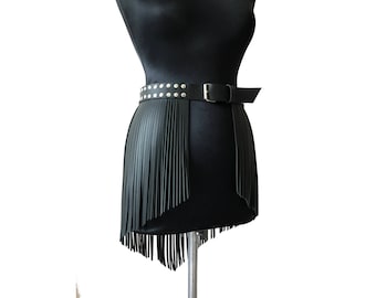 Leather fringe belt, fringe skirt, women harness, leather skirt long, women belt