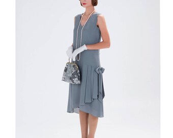 1920s-inspired flapper dress in grey with drape and bow, 1920s fashion, Great Gatsby dress, Downton Abbey dress, high tea dress, 20s dress