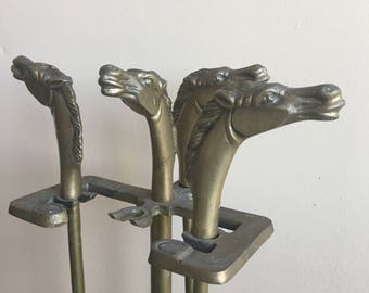 1950s Brass Horsehead Fireplace Tool Set and Stand