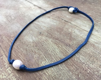 Blue Leather and Freshwater Pearl Necklace, Pearl Leather Necklace, Cobalt Blue Leather and Freshwater Pearl Necklace, Navy Leather & Pearl
