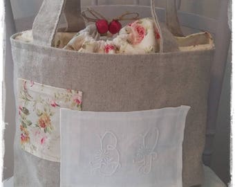 linen floral fabric Monogram tote bag