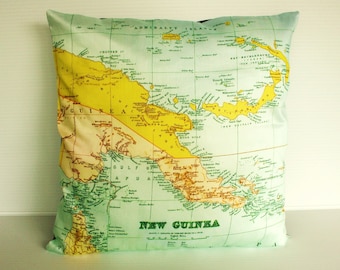 Pillow cover, PAPUA NEW GUINEA Organic cotton map cushion, 16 x16, 40cm map pillow decorative pillow