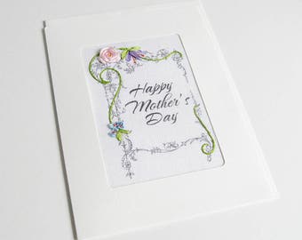 Mother's Day card, embroidered pink rose greeting card, silk ribbon card, handmade card, ribbon embroidery card