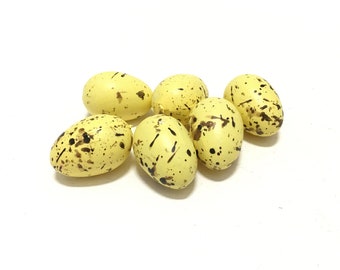 6 Artificial YELLOW Bird Eggs With Brown Speckles - Artificial Eggs, Faux Eggs, Easter Eggs, Bird Nest, Flower Arrangement, Hat