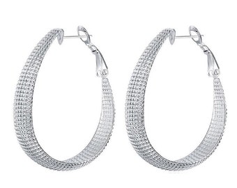 Ladies Womens Big Patterned 925 Silver Oval Hoop Earrings