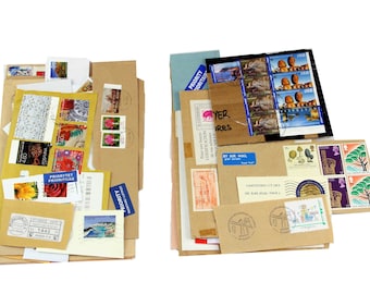 Bundles of post stamps, covers and labels, world tour mixed media supply, snail mail, vintage postage