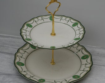 Vintage Cake Stand, Green Matching Plates, Two Tier Cake Stand