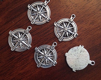 Bulk 8 Silver Compass Pendants, Antique Silver Charms, Compass Charms, Pewter Charm Findings, Jewelry and Craft Supplies, Findings