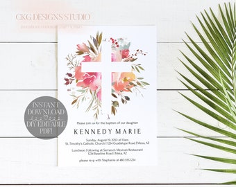 Baptism Invitation Girl, Baptism Invitations, Christening Invitations Instant Download Christening Invitation Printable First Holy Communion