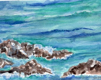 Aruba seascape watercolor painting original 4 x 6 inches, original ocean art, beach watercolor painting