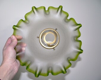 Vintage French chartreuse green and opaque glass frilly lampshade / lamp shade - with brass fitting
