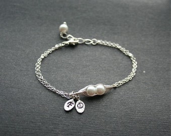 Pea Pod Bracelet, Two Peas in a Pod Bracelet, Peapod Jewelry, Sterling Silver, Friendship, Mother Gift, Bridesmaids, Initial Bracelet