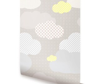 Clouds Grey Peel & Stick Fabric Wallpaper Repositionable