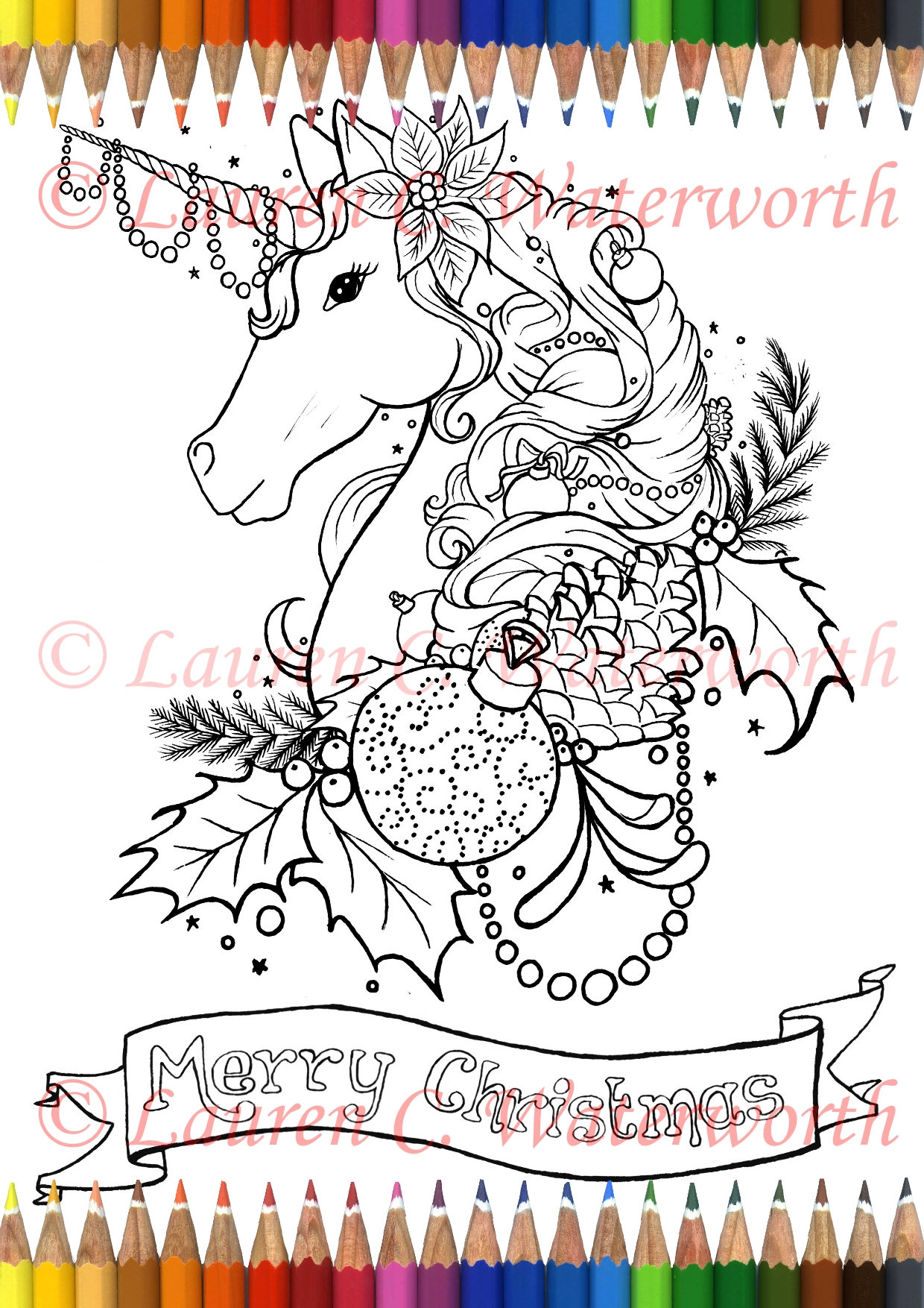 Christmas Unicorn Colouring Page Adult art Printable Fantasy