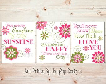 Pink green sunshine art You are my sunshine Girl room decor Baby girl art Mother daughter art Nursery songs Girls room art Pink art #0677