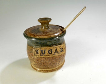 Ceramic sugar bowl with lid, pottery sugar bowl with lid, stoneware lidded sugar jar with SUGAR