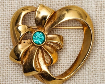 Heart and Bow Brooch Vintage Gold Avon Teal Rhinestone Broach Vtg Pin 7T
