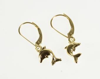 10K High Relief Dolphin Dangle Lever Back Earrings Yellow Gold