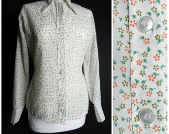 Sale 70s floral DAGGER collar fitted disco shirt white peach brown + green slimline U.K. 10 - 12 sm