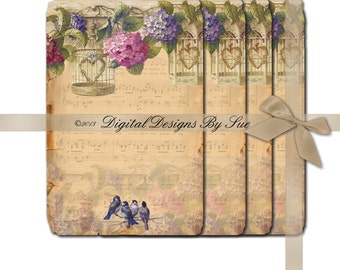 INSTANT DOWNLOAD - hydrangea and birds - Collage Sheet - Printable Download - Gift Tags - Scrapbook