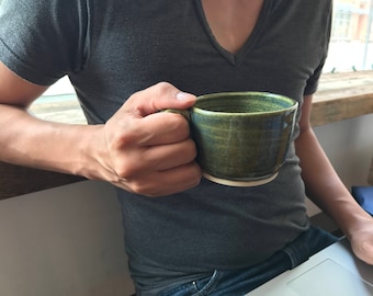 Unique pottery mug, green pottery mug, stoneware mug, blue green ceramic mug, gift for him, teacher mug, pottery mug, coffee mug, tea time
