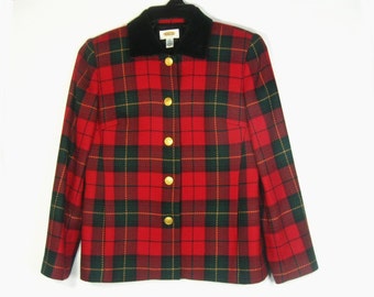 Red Plaid Blazer, Tartan Jacket, 100% Wool Size 4 Petite