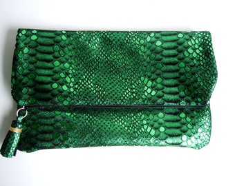 Glam Fold Over Clutch- Emerald Snake