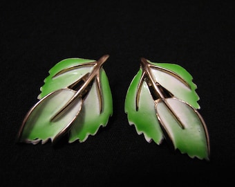 Vintage Gold Tone White and Green Enameled Leaf Clip Earrings