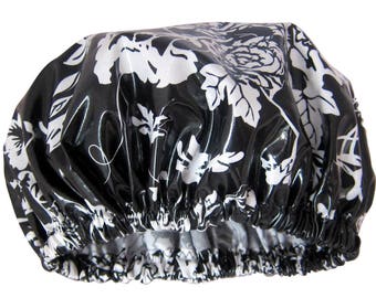 Shower Cap Women's Shower Hat Spa Gift Waterproof Hair Cap Handmade In Australia Monochrome Floral Laminated Cotton Cap