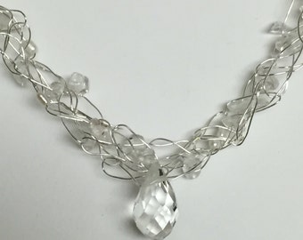 Crochet Wire Crystal And Fresh Water Pearl 20 Inch Silver Necklace
