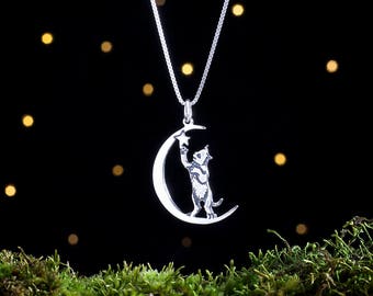 Sterling Silver Cat in the Moon - Double Sided - (Pendant, Necklace, or Earrings)