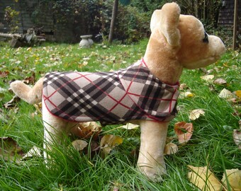 Dog Jacket - Brown and Red Plaid Knit Fabric Dog Coat- Size XX Small 8-10 Inch Back Length
