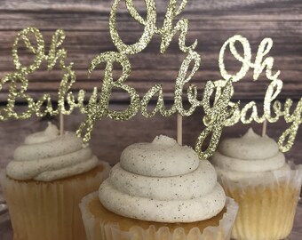 Oh Baby Cupcake Topper - Gold Glitter Oh Baby Cupcake Topper- Gender Neutral Baby Shower Decor- Sprinkle