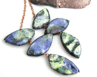 Polymer Triple Leafy Chain Danglies Earring Components Lightweight Pastel Pale Green, Purple Black Textured On Small Copper Chain pair (2)