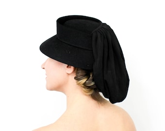40s Black Wool Hat | Black Wool & Jersey Drape Tilt Hat | Claire Joyce Model