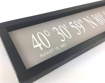 Framed Latitude Longitude coordinates sign/ Personalize location and tag line/available in 2 sizes, 4 frame styles & 16 background colors