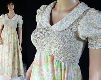 70s Candi Jones Dress, Hippie Boho Maxi, Patchwork, Smocked, Puffed Sleeves