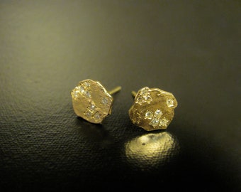 14k yellow gold earrings with 0.08ct' Diamonds. UNIQUE handmade stud earrings.Free shipping