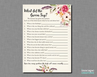 Boho What did the Groom Say about his Bride? Bohemian What did He Say about Her? Who Knows Groom Best? Rustic Newlyweds Bridal Shower Game