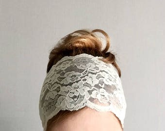 wide lace headband, ivory beige lace bandana, bridal headwrap, Wedding head accessory, lacey hair band summer ,Bridal hair accessory