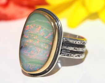 Australian Boulder Opal ring Sterling Silver 22K Gold - Opal Ring - US size 7 - mixed metal opal ring - silver gold wide band opal ring