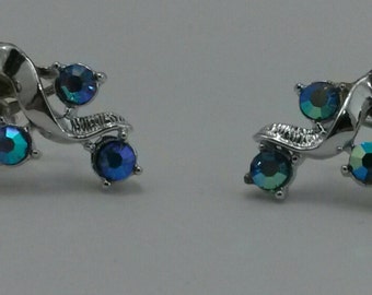 Vintage Silvertone Screw-on Earrings with Blue Aurora Borealis (AB) Rhinestones