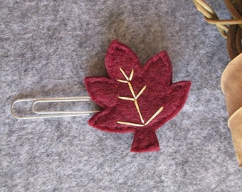 Leaf paper clip; Felt paper clip; Bordeaux Leaf; Fall Planner accessories; planner clip; Felt bookmark; Gift under 3; Stocking stuffers