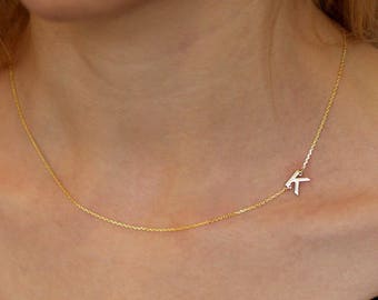 14k Solid Gold Sideways Initial Necklace Personalized Necklace Gift Bridesmaids Jewelry Letter Necklace Gold Jewelry Mother's Day Gift
